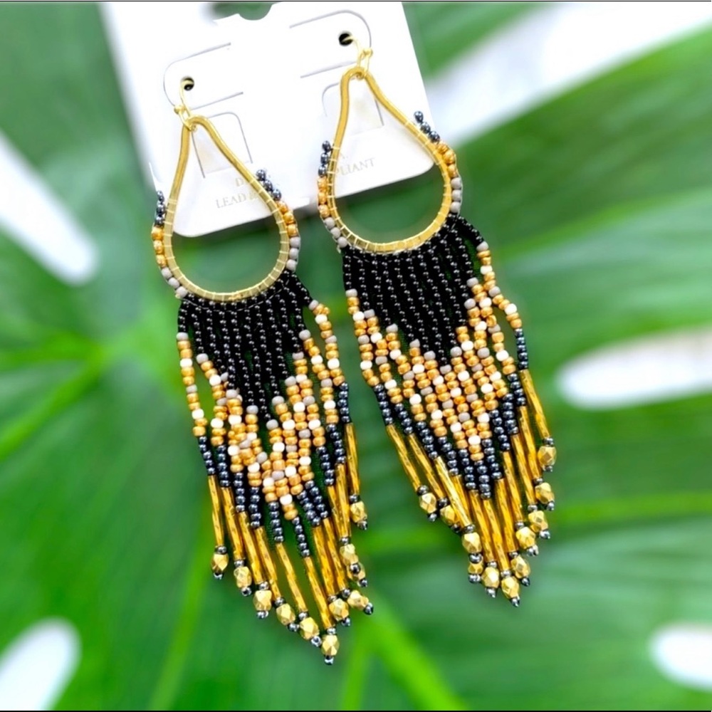 Black And Gold Seed Bead Statement Earrings